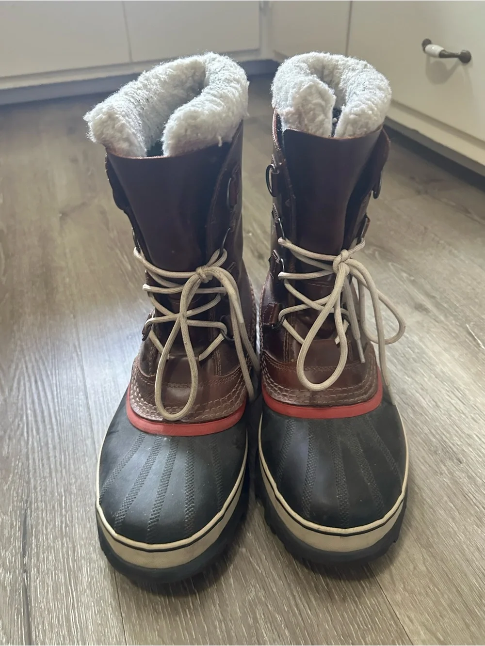Sorel Brown and Black Women's Rain & Snow Boots with Red Accent